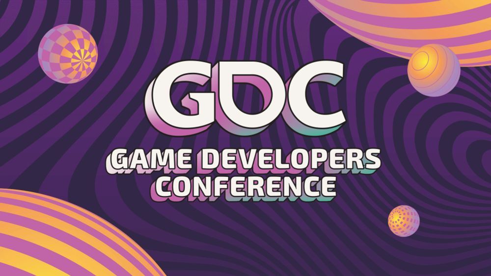 graphic with purple waves, orange orbs and text that reads:
GDC 
Game Developers Conference