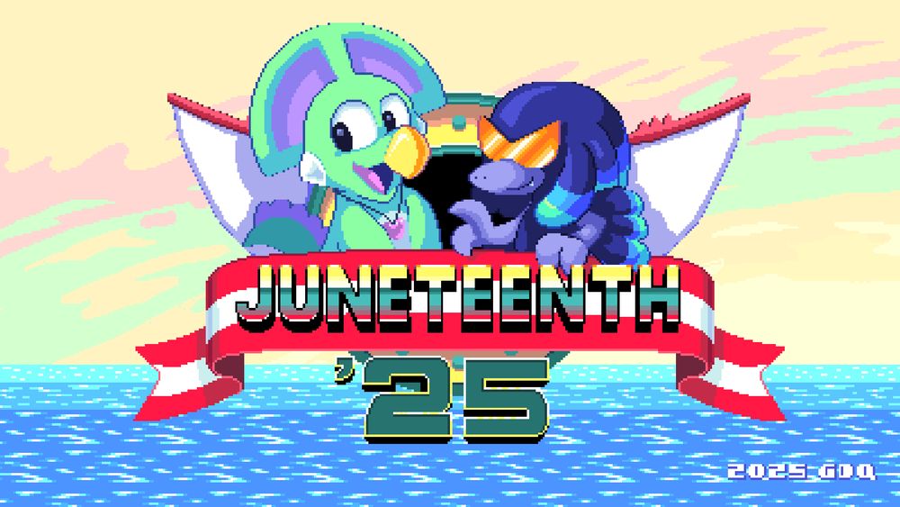 pixel art of Coop and Joy in a Sonic 2 Title Screen style with text that reads: Juneteenth '25