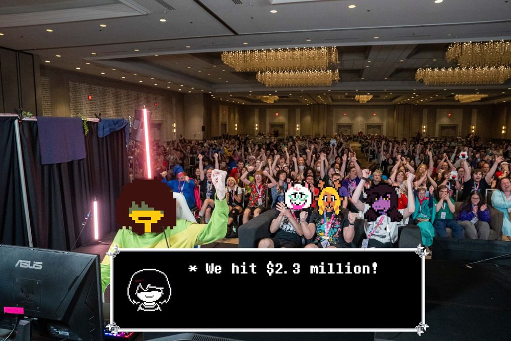 Deltarune playable characters photoshopped over the runners and couch from the Deltarune speedrun, with a text box from the game that says "We hit $2.3 Million!"