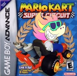 Box art of Mario Kart: Super Circuit with the face of the GDQ mascot Velocity over Mario's face.