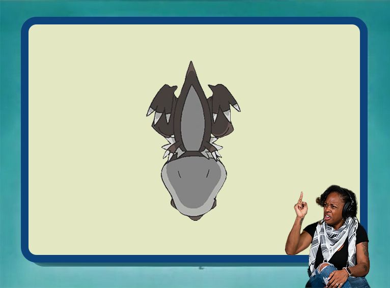 blue and yellow background with a Tyrunt seen from below in the middle and PT pointing up in the bottom right corner