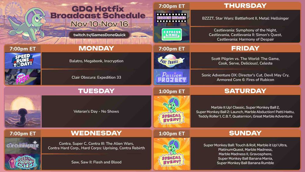 GDQ Hotfix schedule for the week of 11/10