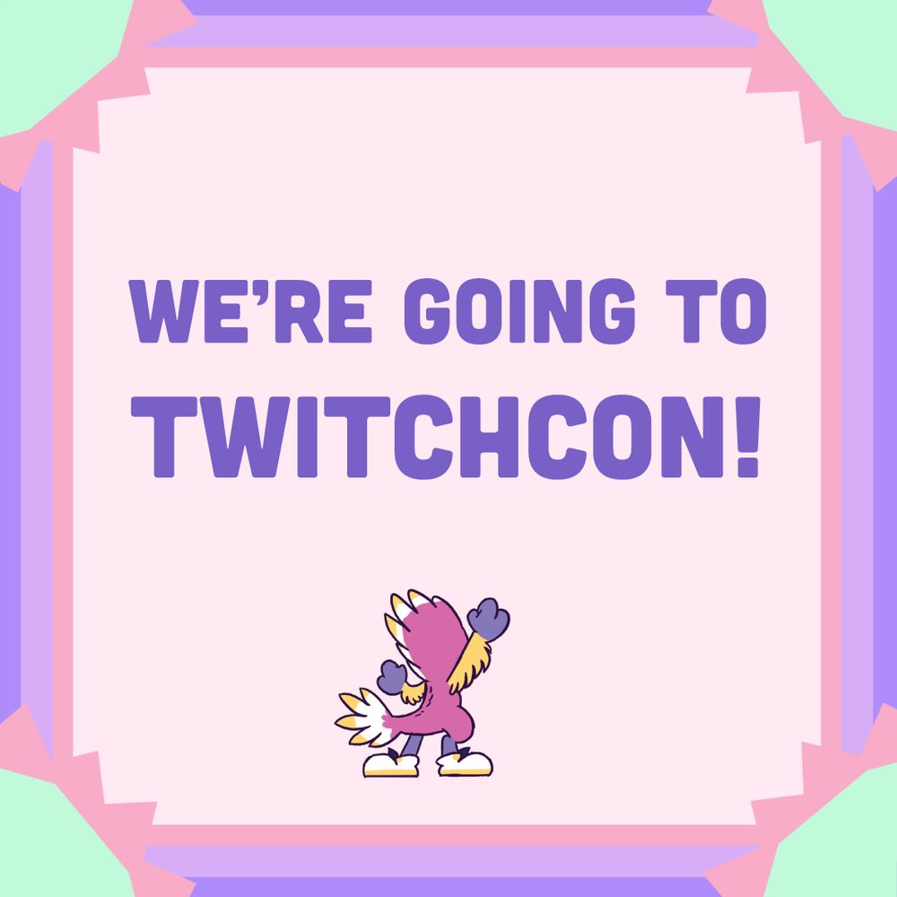 purple background with Velocity raising their hand up in a fist in the center below text that reads: We're going to TwitchCon!