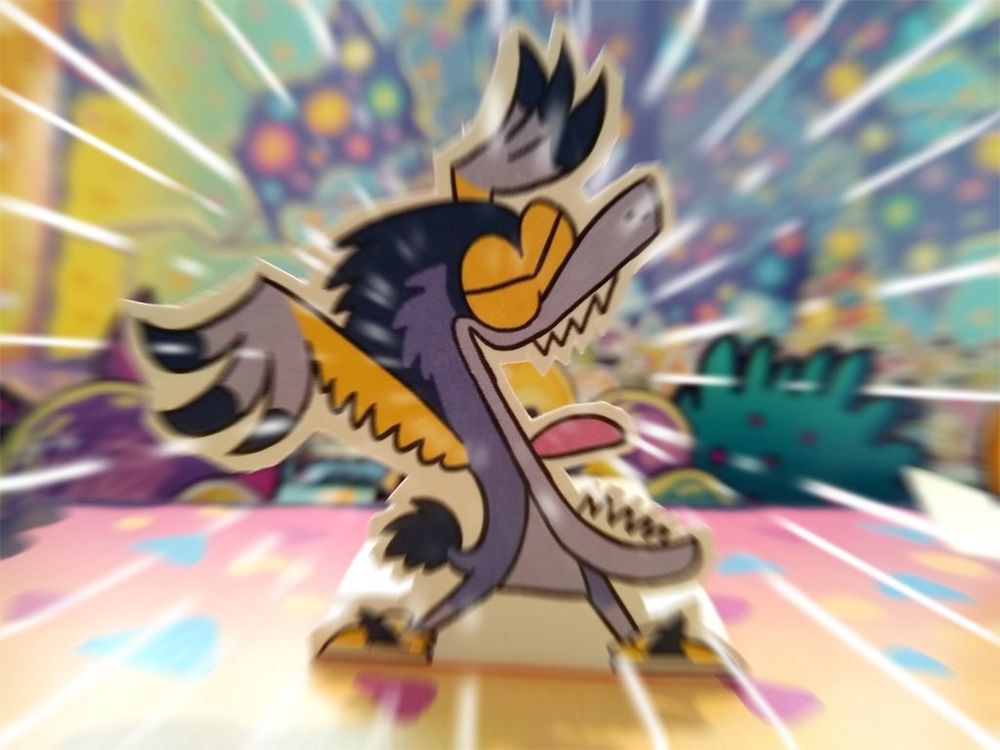 indigo Velocity shouting with arms raised 