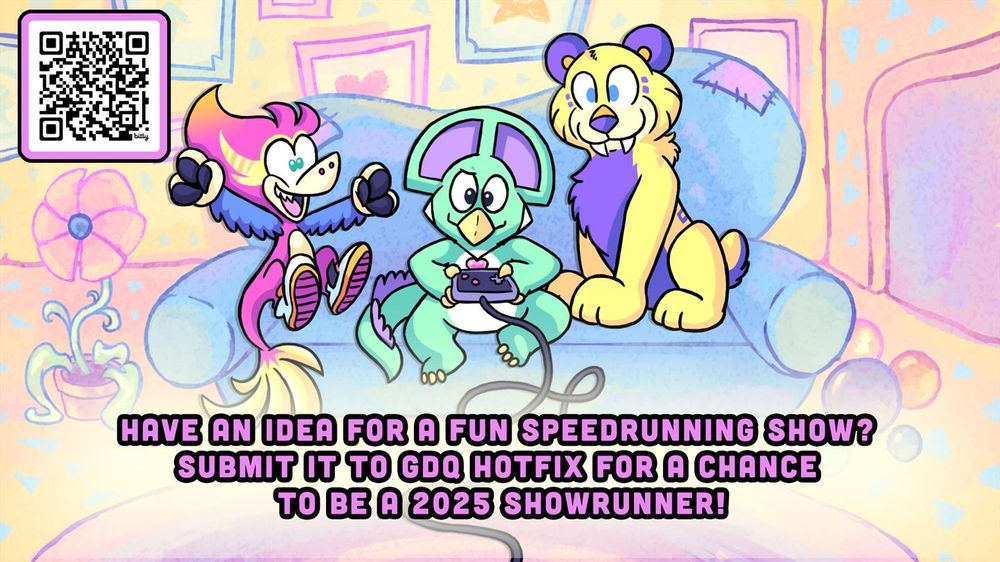 Velocity, Coop, Faith on a couch with text that reads: Have an idea for a fun speedrunning show? Submit it to GDQ Hotfix for a change to be a 2025 showrunner!