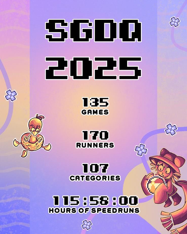 text reads:

SGDQ
2025

135
games

170 
runners

107
categories

115:58:00
hours of speedruns
