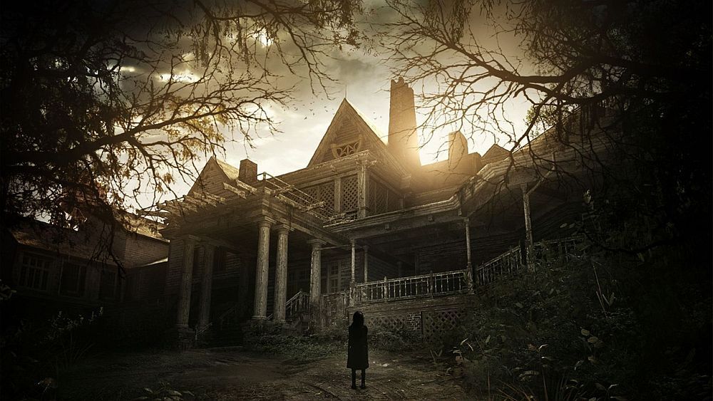 Artwork from the Resident Evil 7 cover, with a girl standing in front of a scary looking house