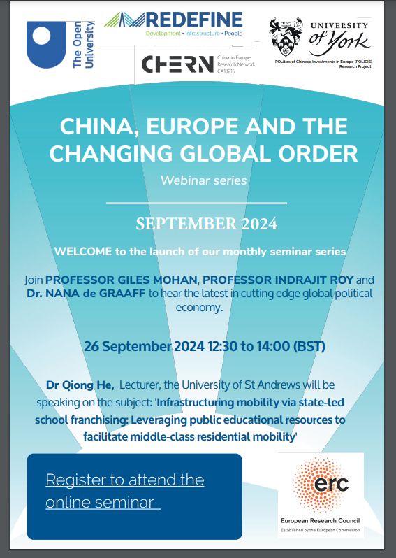 Webinar on China, Europe and the Changing World Order on 26 September 2024, online.