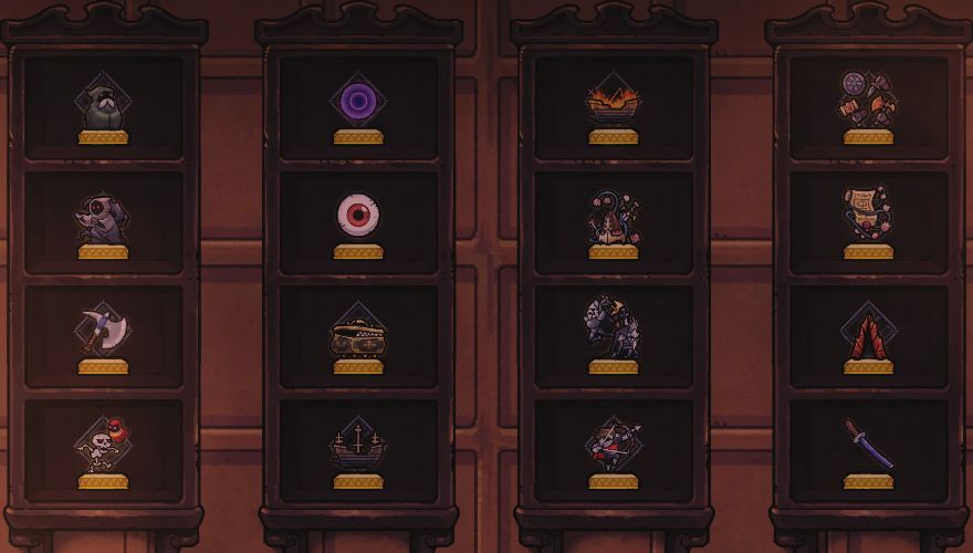Trophy shelves in Rogue Legacy 2, displaying all 16 gold trophies.