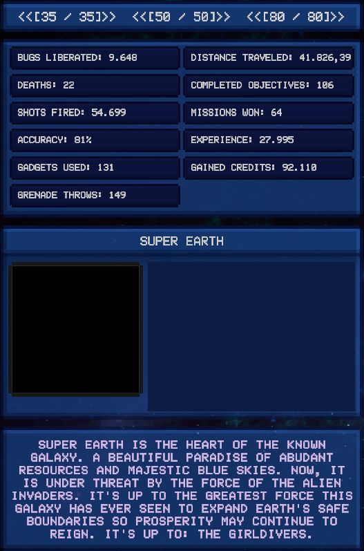 Player stats screen for the game Girldivers, as displayed on the navigation map.