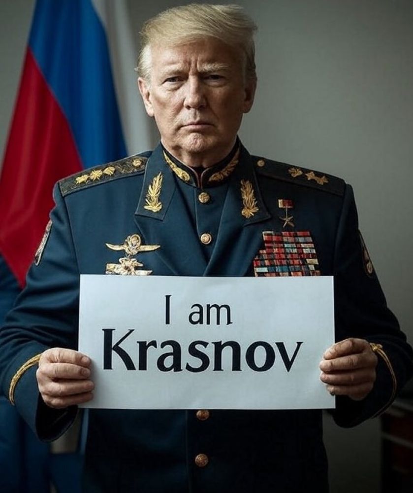 AI generated Donald Trump wearing Soviet-ish dress uniform holding a white sign stating "I am Krasnov"