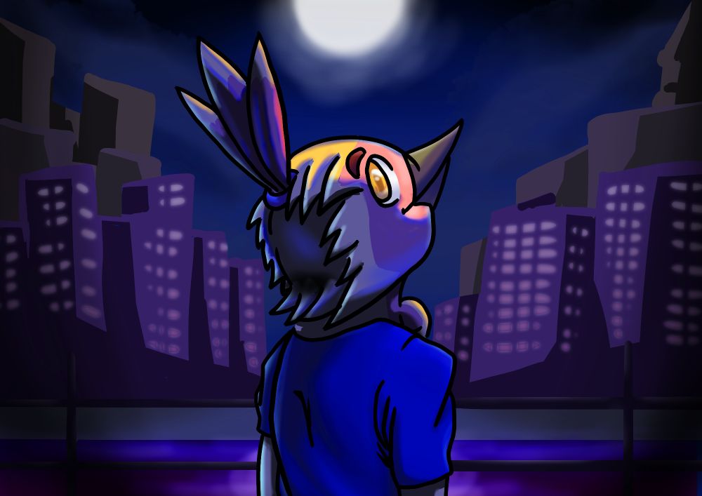 Jacqueline (Scarlet Tanager) with back to the view but glancing back with the city over a river across her and the moon above her, drawn all in a dark blue light