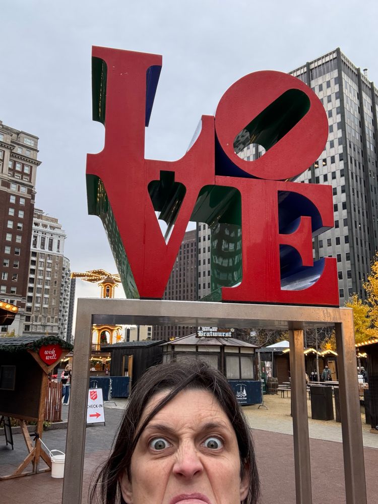 Pre-race scowl pic taken on the walk to the starting area. An iteration of Robert Indiana’s LOVE sculpture is in the background 