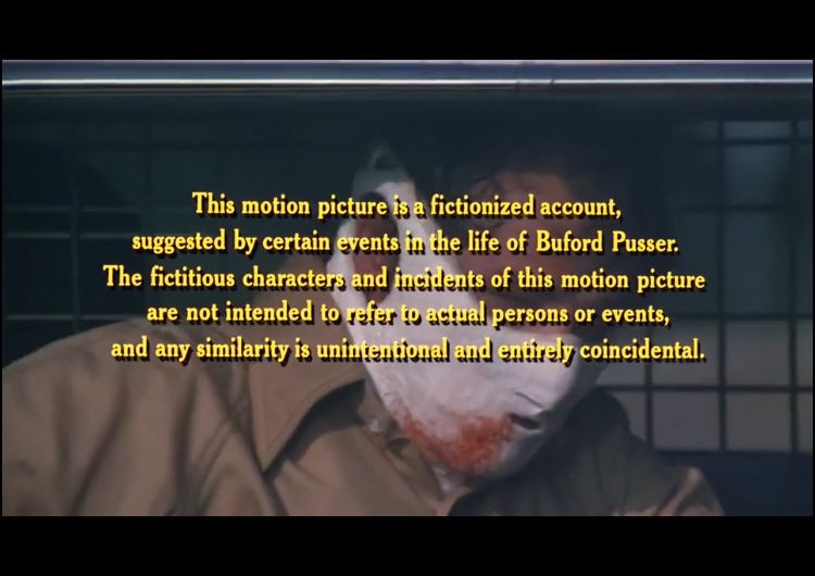 Screenshot from “Walking Tall” (1973) This motion picture is a fictionized account, suggested by certain events in the life of Buford Pusser. The fictitious characters and incidents of this motion picture are not intended to refer to actual persons or events, and any similarity is unintentional and entirely coincidental.