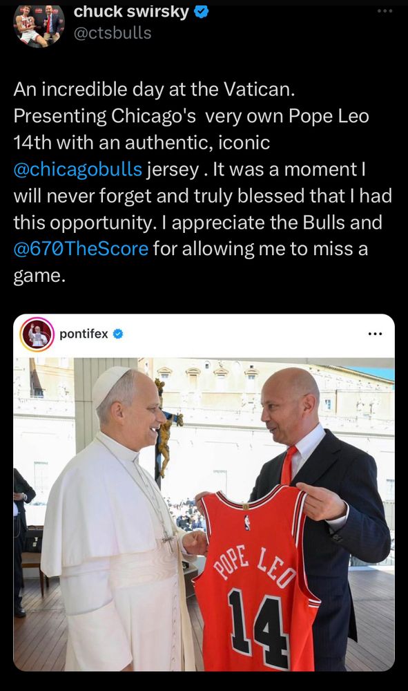 An incredible day at the Vatican.  Presenting Chicago's  very own Pope Leo 14th with an authentic, iconic @chicagobulls jersey . It was a moment I will never forget and truly blessed that I had this opportunity. I appreciate the Bulls and @670TheScore for allowing me to miss a game.