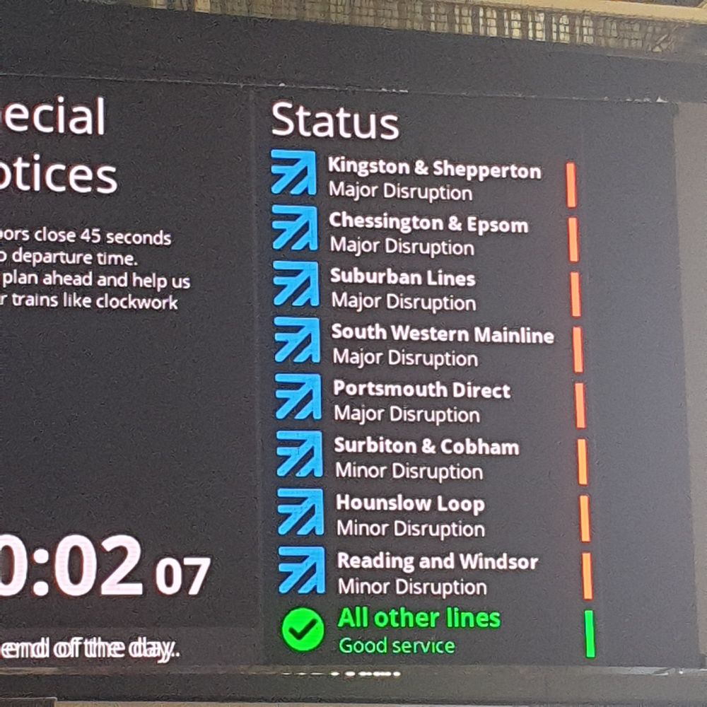 Picture of the departure board at Waterloo showing delays on all lines.