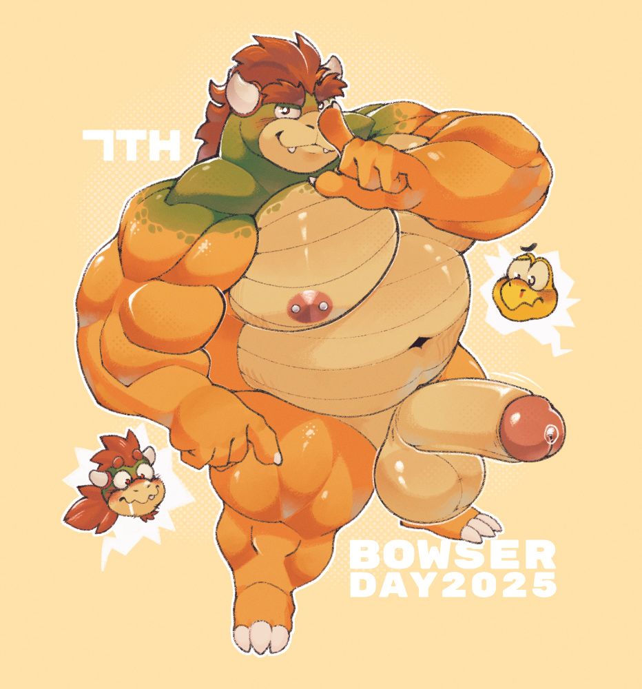 #furryart #BowserDay2025 bowser naked shushing the viewer while a koopa and bowser jr. look in awe