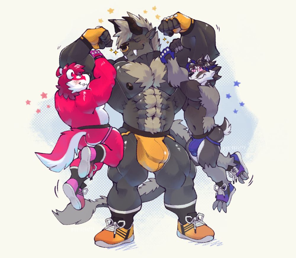 #7thart #furryart a bulky behemoth holding a badger and a obstagoon on each arm, each wearing a jockstrap, shoes and gloves