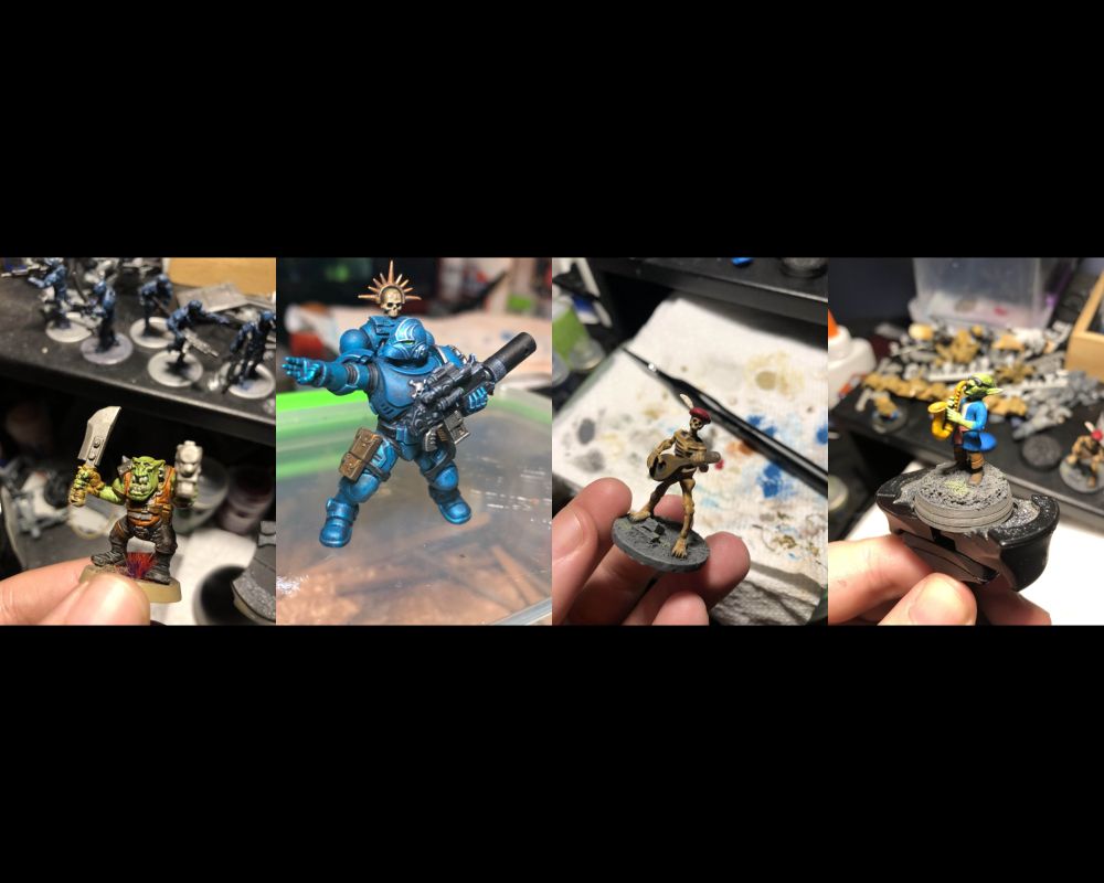 A collage of four painted miniatures: an ork, a space marine, a skeleton bard, and a goblin playing a saxophone.