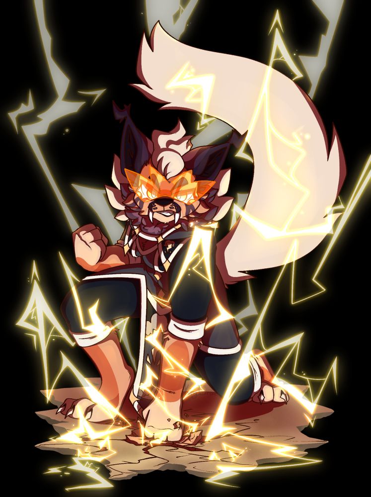 Anthropomorphic cat woman punching the ground with lightning surrounding her.