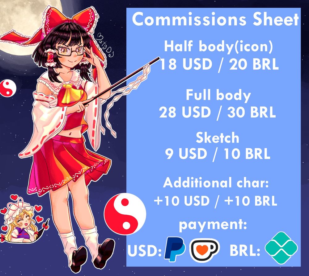 EN: My commission sheet with prices in USD and BRL, next to it is Reimu Hakurei in the Touhou 8 version with glasses, pointing her gohei at the table and a mini Yukari below in love seeing Reimu with glasses.
PT-BR: Minha tabela de comissão com preços em USD e BRL, do lado dela tem a Reimu Hakurei na versão do Touhou 8 usando óculos, apontando seu gohei para a tabela e uma mini Yukari embaixo amando ver a Reimu de óculos