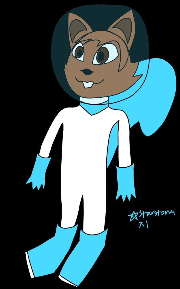 A brown squirrel in a white and cyan spacesuit