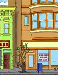 a picture of the place next door to Bob's burgers that has a different pun business every week being vacant with a retail space for lease sign in the window