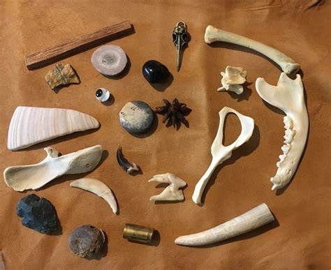 osteomancy bones(a bunch of bones and rocks and shit including one knapped rock shaped a bit like a playing-card-spade or arrowhead, a vertebra?, a bit of jaw, a metal bird skull charm, a splotch that might be a clove or dead spider, a uniform rectangular wood stick, a bead maybe, a claw, plus what look like a shell casing & a googly eye)