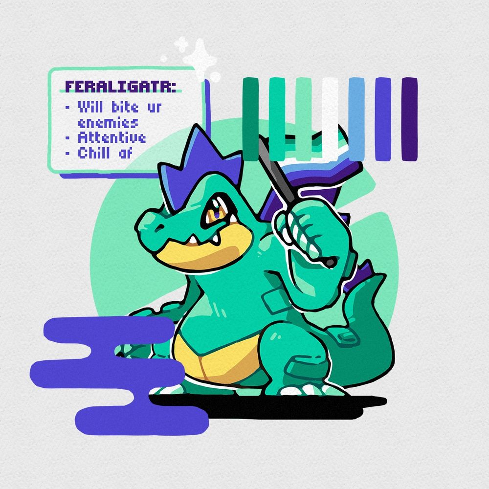 Artwork depicting a shiny Feraligatr holding the Gay Male flag in its paw. Its little blurb reads: “Feraligatr: will bite your enemies, attentive, chill af”.