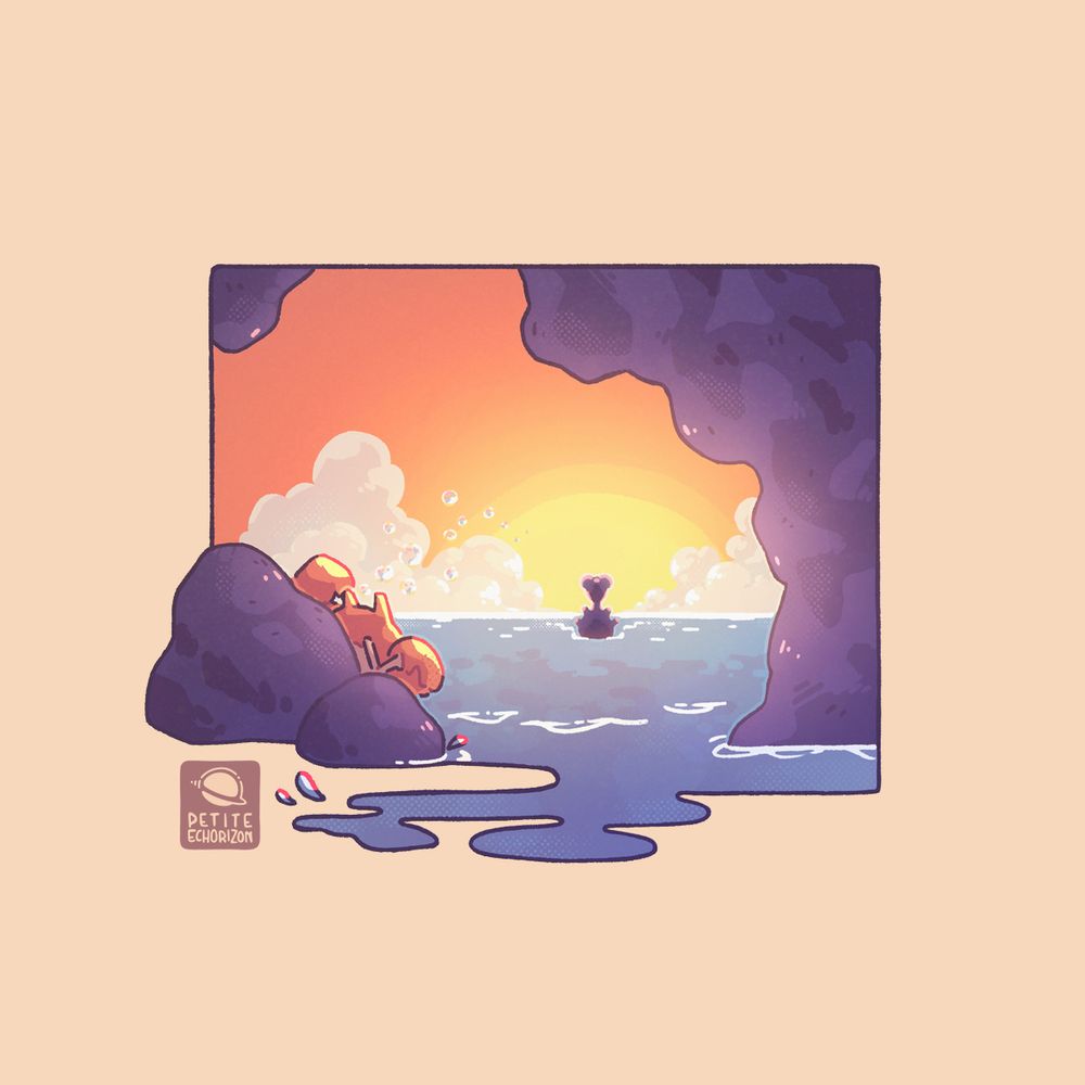 Illustration depicting a sunset in the Pokémon Mystery Dungeon universe, in the foreground there’s a Krabby blowing bubbles and you can see the silhouette of a Lapras on the horizon.