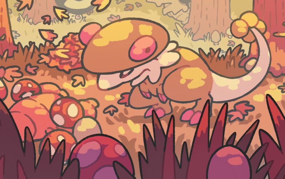 Autumn illustration depicting the Pokémon Breloom being curious about a Paras that’s hiding among some mushrooms. A Shedinja and a Foongus are in the background.