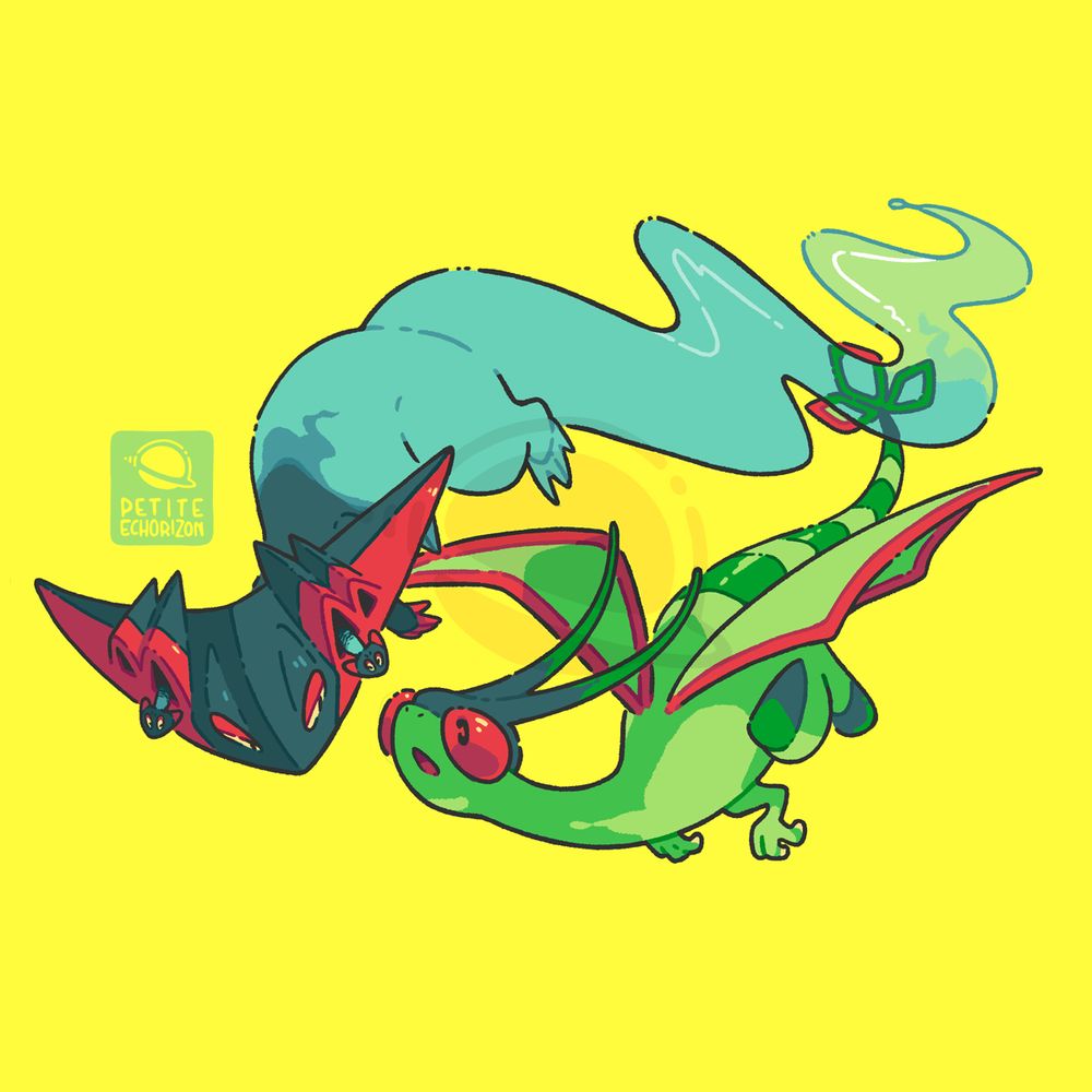 Artwork depicting the two Dragon-type Pokémon Dragapult and Flygon flying together on a plain bright yellow background.