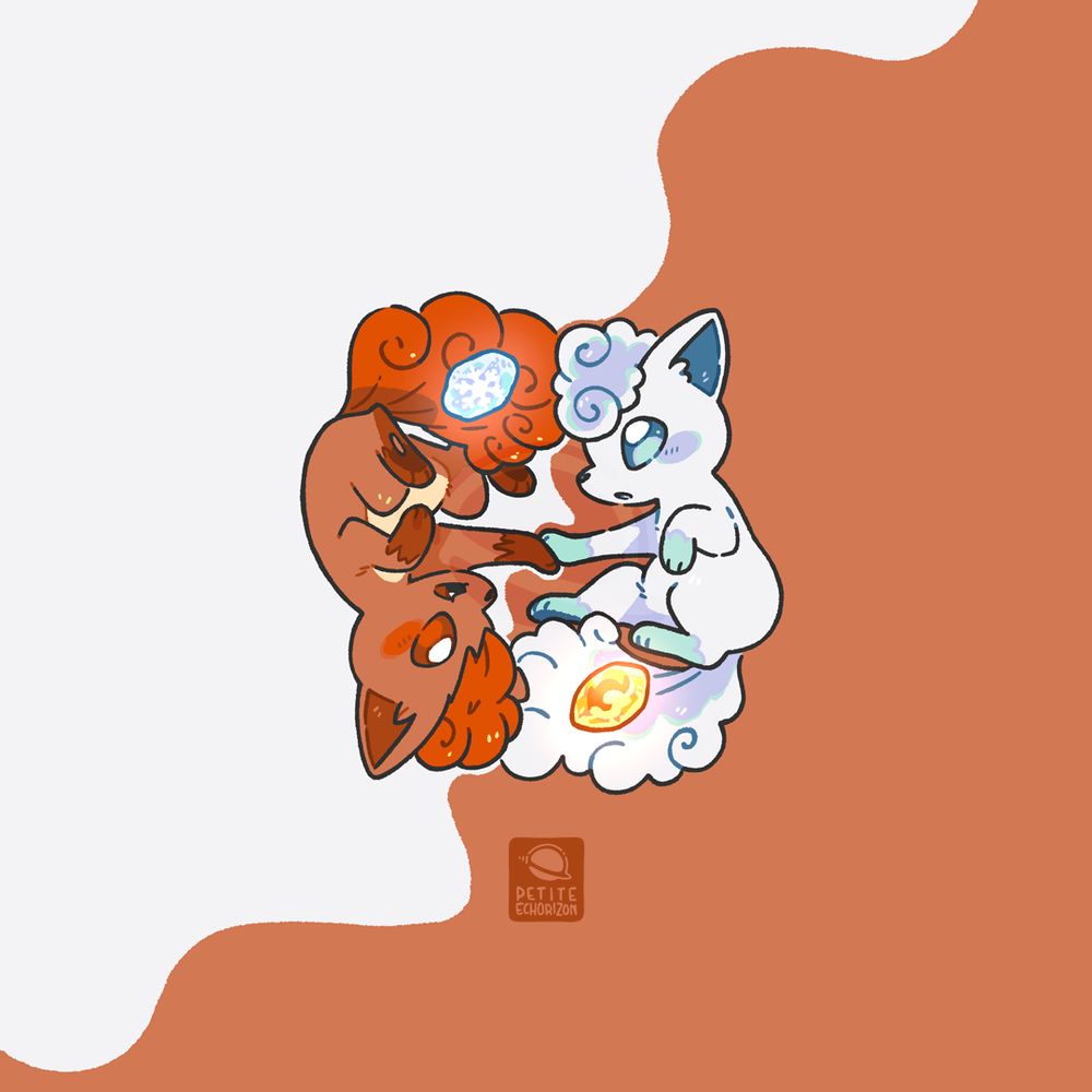 Artwork depicting a Kantonian Vulpix and an Alolan Vulpix laying next to each other in a sort of yin and yang shape and holding each other’s evolutionary stone on their fluffy tails.