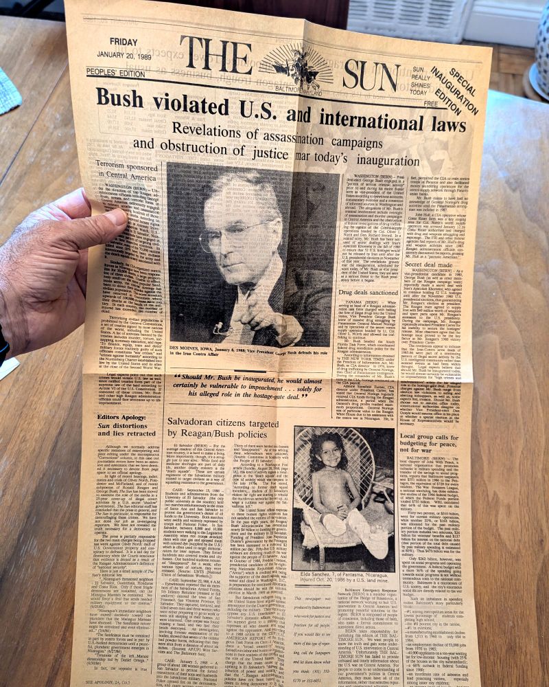 “Sun Paper Caper,” B.E.R.N. (Baltimore Emergency Response Network), Baltimore, January 20, 1989, Bush I Inauguration.

Thousands of copies were wrapped around Baltimore Sunpapers in news boxes around the city.
