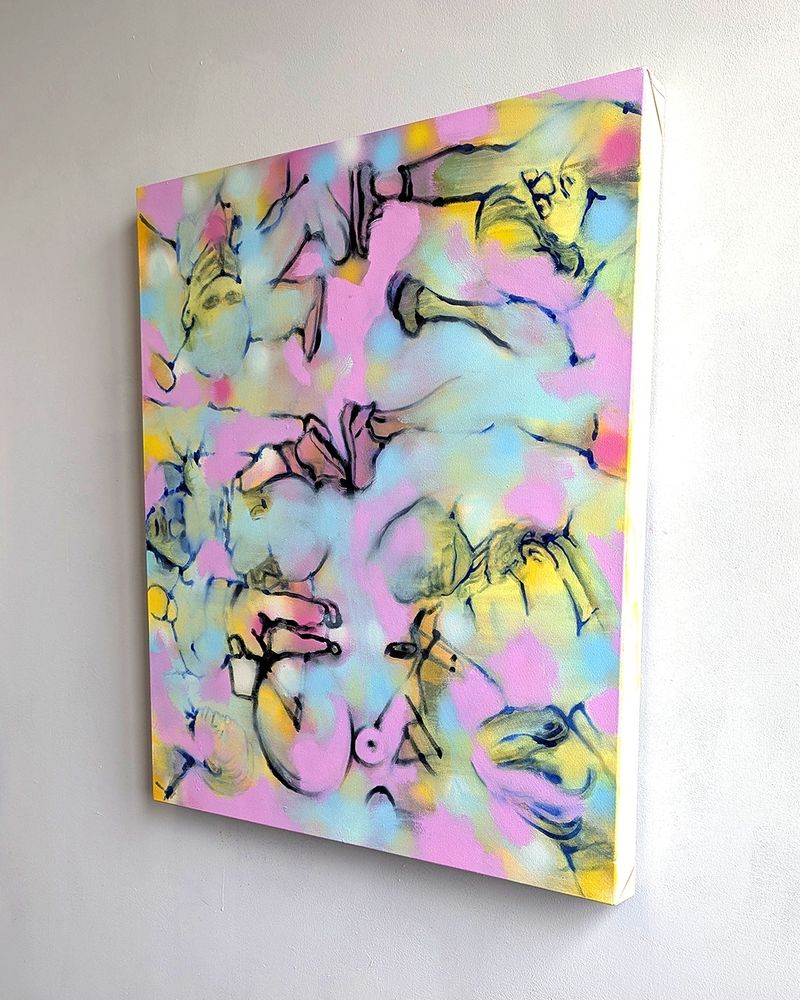 Colorful painting. “Stacked Crowd II,” 42 inches by 36 inches, Oil, Acrylic and Spray Paint on Canvas, 2025