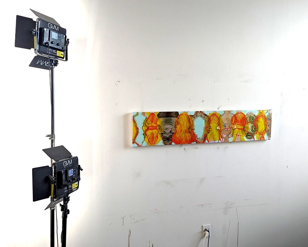 Colorful painting. “Facial Horizon; Facial Hallucination,” Oil, Acrylic and Spray Paint of Canvas, 12 inches by 54 inches, 2025.