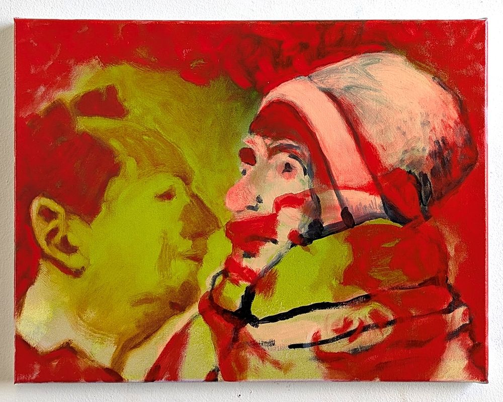 Colorful painting. “Red-Faced Hallucination,” Oil and Spraypaint on Canvas, 14 inches by 18 inches, 2025.