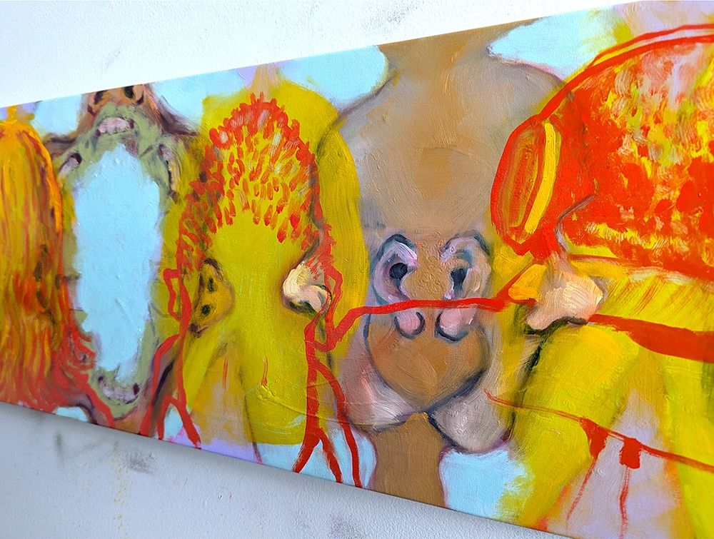 Colorful painting. “Facial Horizon; Facial Hallucination,” Oil, Acrylic and Spray Paint of Canvas, 12 inches by 54 inches, 2025.