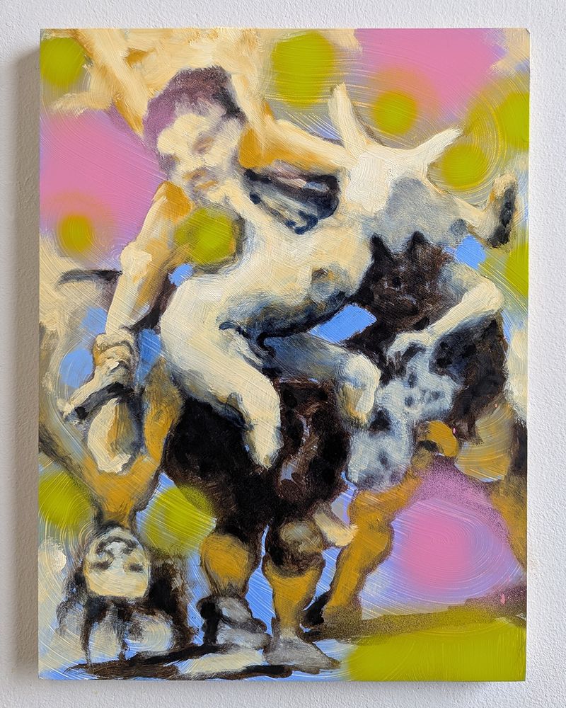Colorful painting.

“Hallucinatory Mash-Up,” 16 inches by 12 inches, Oil Acrylic and Spray Paint on Panel, 2025.