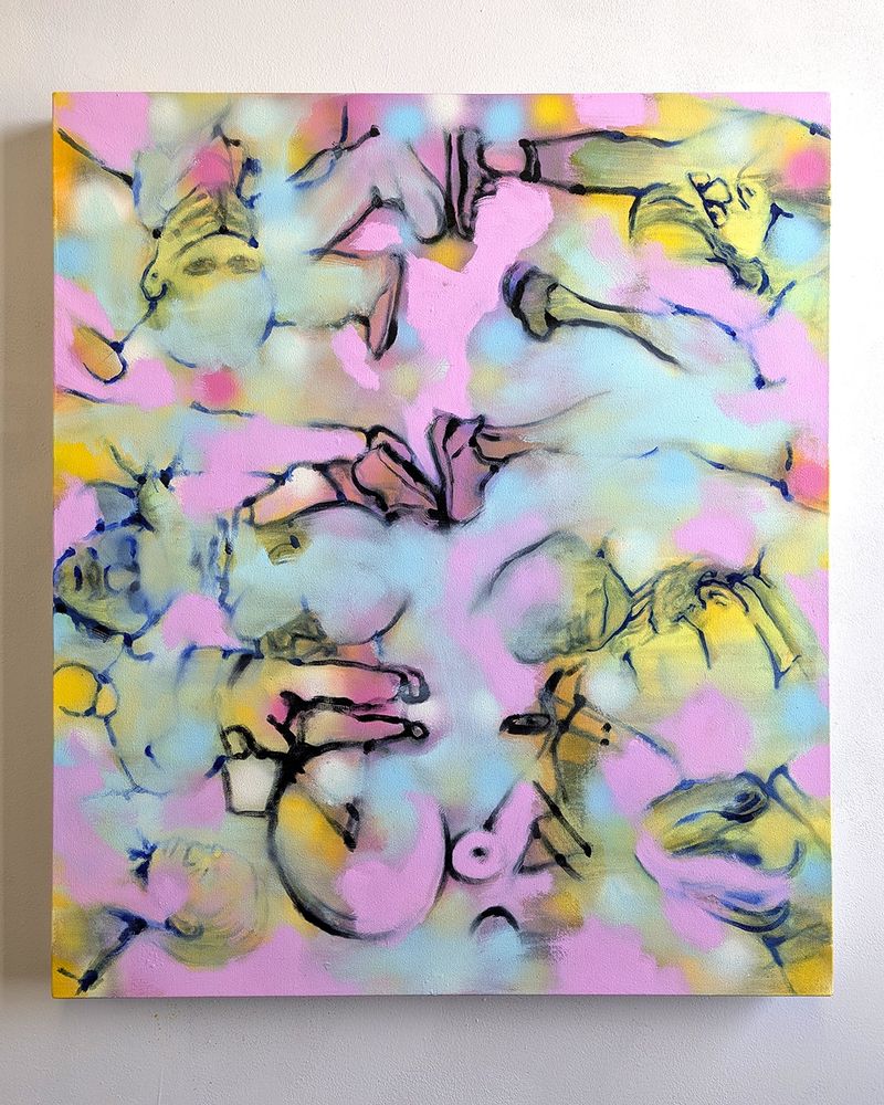 Colorful painting. “Stacked Crowd II,” 42 inches by 36 inches, Oil, Acrylic and Spray Paint on Canvas, 2025