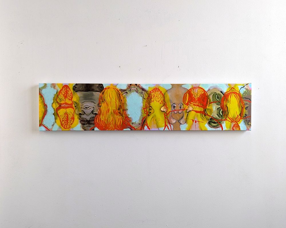 Colorful painting. “Facial Horizon; Facial Hallucination,” Oil, Acrylic and Spray Paint of Canvas, 12 inches by 54 inches, 2025.