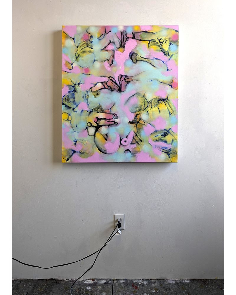 Colorful painting. “Stacked Crowd II,” 42 inches by 36 inches, Oil, Acrylic and Spray Paint on Canvas, 2025