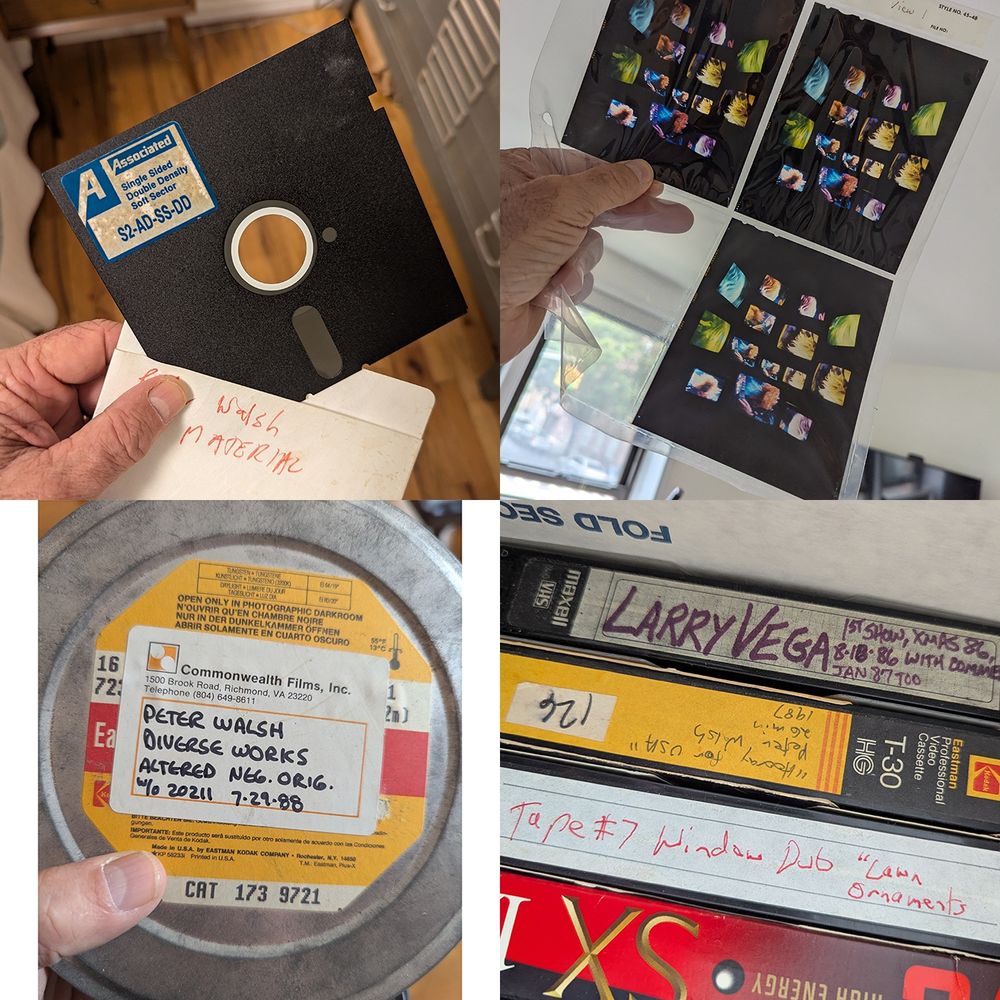 Four images of materials in an archive: Foppy disk; color transparencies; VHS tapes; 16mm film negative in a can.