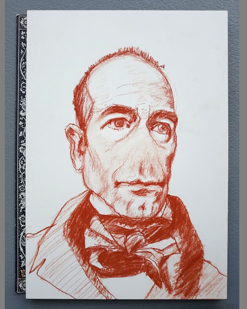 Red chalk drawing.

"Selfie as Collegiate Assessor Kovalyov in Nikolai Gogol's 'The Nose,'" Chalk on Paper, 10 ¼ inches by 7 inches, 2021.
