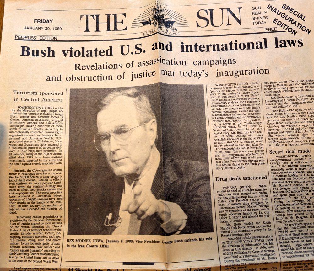 “Sun Paper Caper,” B.E.R.N. (Baltimore Emergency Response Network), Baltimore, January 20, 1989, Bush I Inauguration.

Thousands of copies were wrapped around Baltimore Sunpapers in news boxes around the city.
