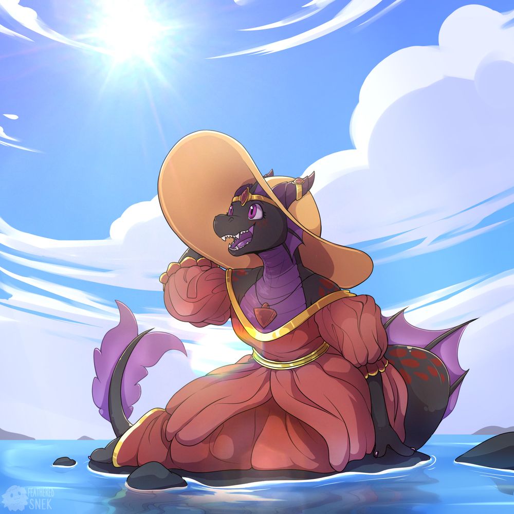 A black dragoness resting on a rock in a red dress and a large sunhat on a bright wonderful day.