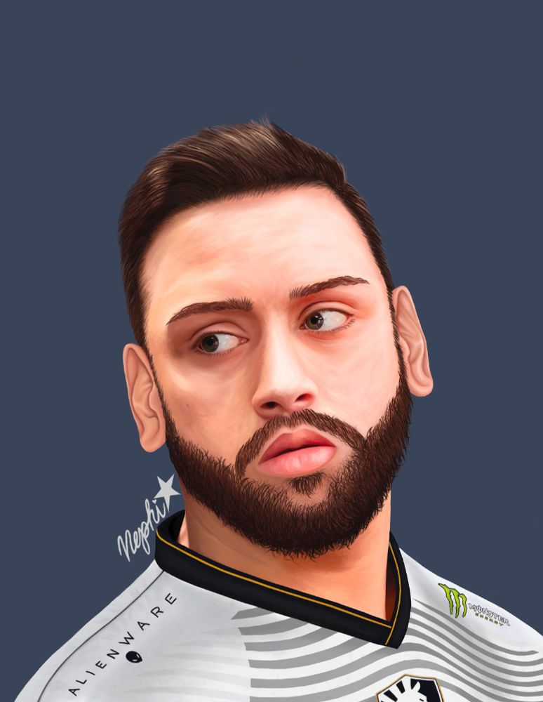 a digital drawing of APA (aka Eain Stearns) glancing over to his right above his shoulder, the light source is coming from his left. He has fair skin, brown hair, hazel eyes, and a full beard/mustache here. His skin is especially detailed, the jersey more simple. He is wearing the Team Liquid Honda 2024 Worlds Jersey, which is white with light grey/grey stripes, the Team Liquid logo, a black collar with a gold stripe on each side, on his jersey's right shoulder the Alienware logo and the left the Monster Energy logo. 