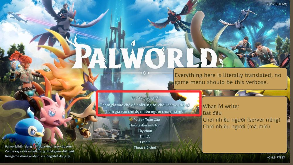 A screenshot of Palworld's menu, with notes by Phu Tran saying that everything is literally translated in Vietnamese and that no game menu should be this verbose (all texts in the menu are, indeed, extremely long).