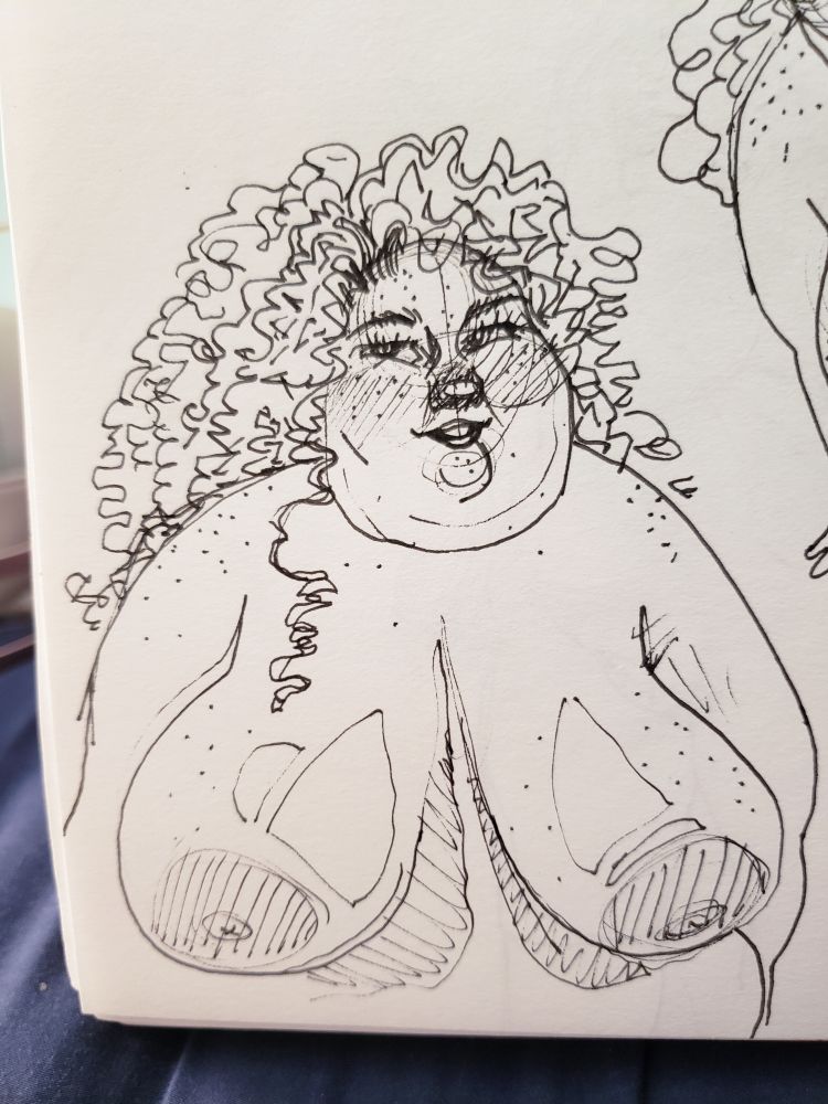 A pen drawing by Dolly of a fat woman with curly hair and huge tits.