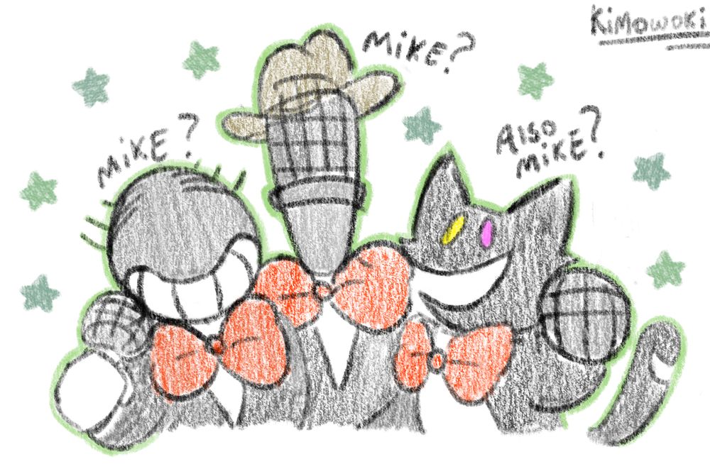 three characters standing next to eachother, the leftmost two wear tuxedoes with bowties while the rightmost cat-like character sports only a bowtie. the leftmost and rightmost characters smile at the viewer. Text on top of each of the characters read, from left to right: "mke?" "mike?" "also mike?". Around them are green stars of varying shades of green.